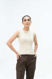 Sleeveless Rib Knit Vest - Cream