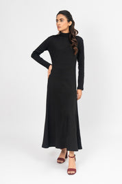 Flared Long Knitted Dress - Black