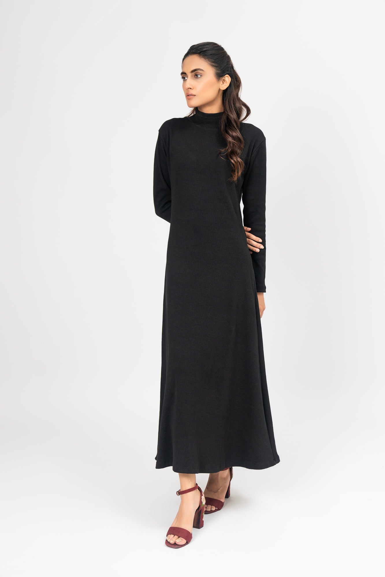 Flared Long Knitted Dress - Black