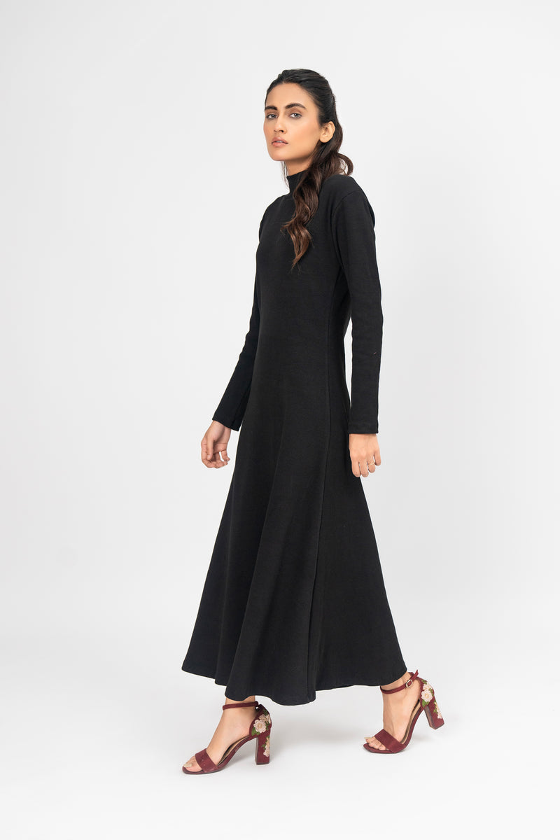 Flared Long Knitted Dress - Black