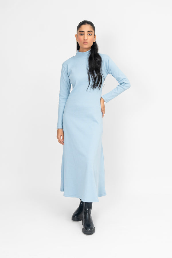 Flared Long Knitted Dress - Powder Blue