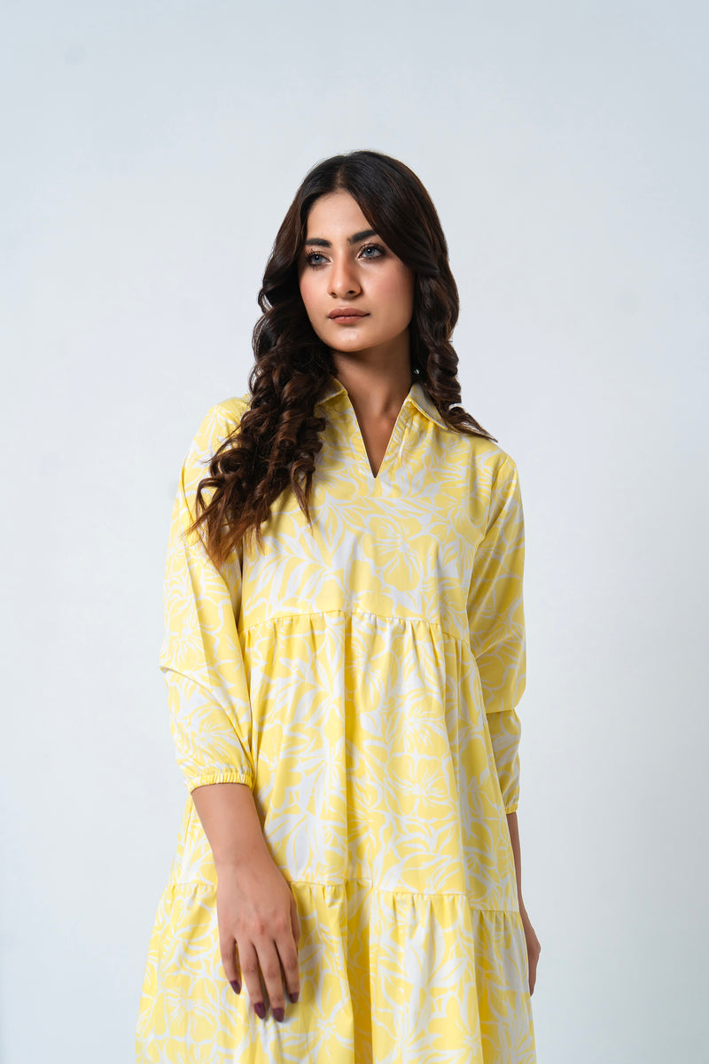 V Neck Collared Dress - Yellow White Floral