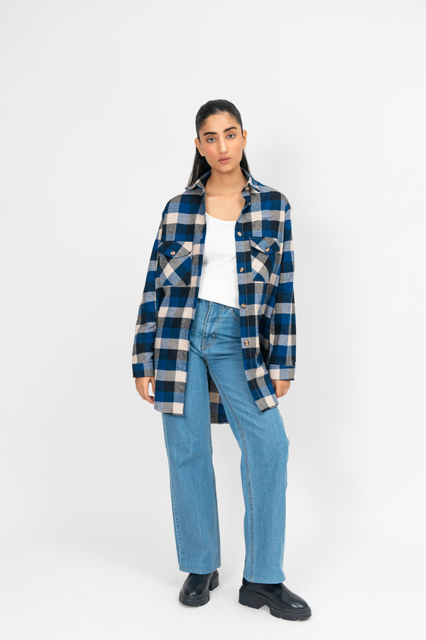 Oversized Shirt with Flap Pockets - Blue Black Check