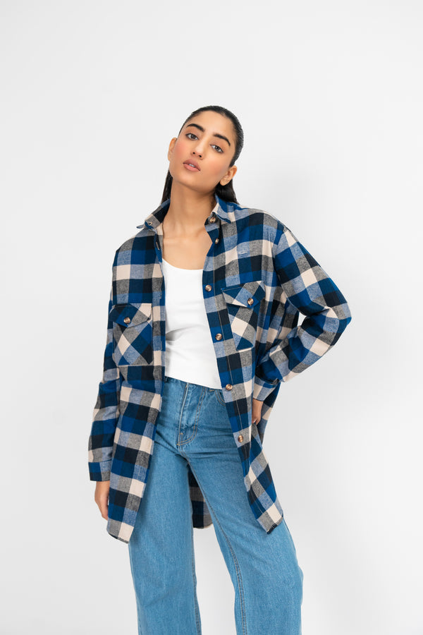 Oversized Shirt with Flap Pockets - Blue Black Check