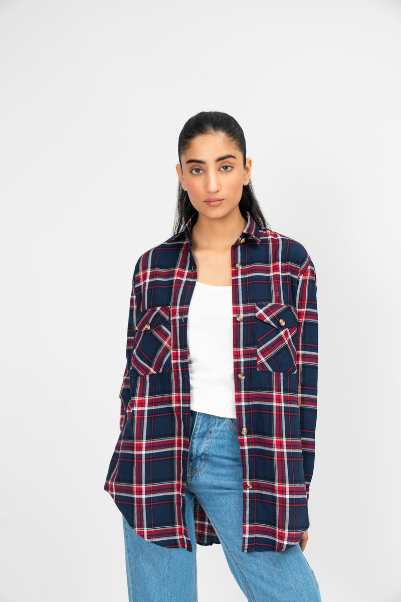 Oversized Shirt with Flap Pockets - Navy Blue Red Check