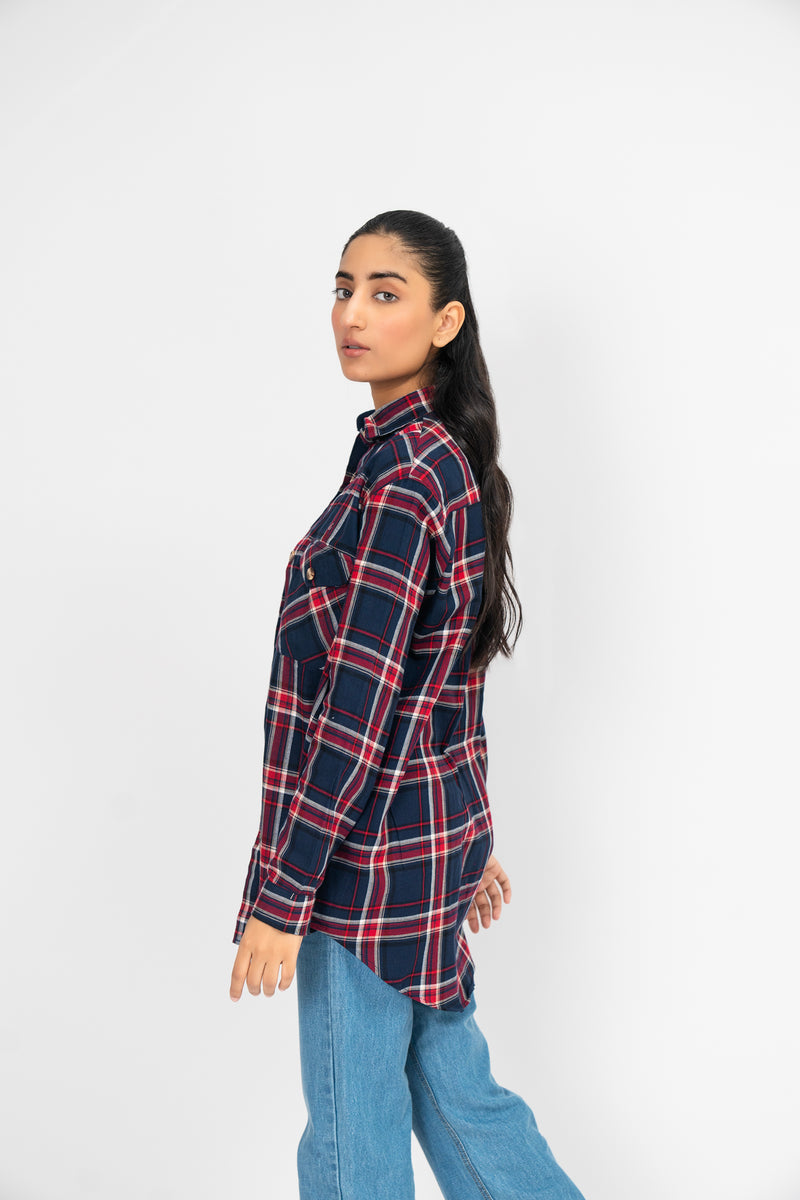 Oversized Shirt with Flap Pockets - Navy Blue Red Check