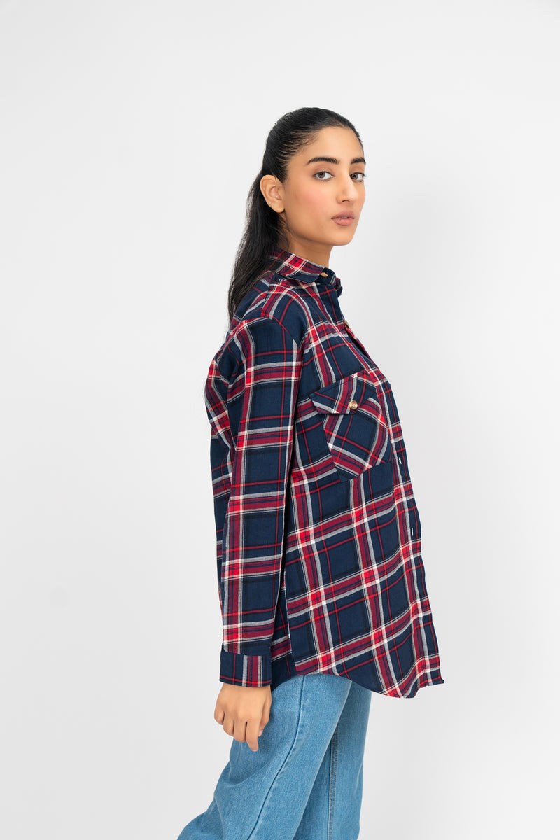 Oversized Shirt with Flap Pockets - Navy Blue Red Check