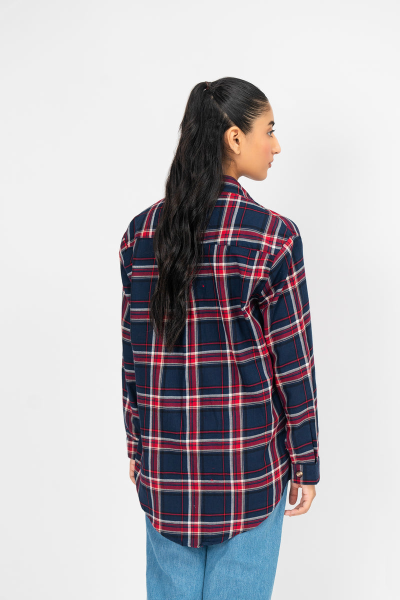 Oversized Shirt with Flap Pockets - Navy Blue Red Check