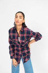 Oversized Shirt with Flap Pockets - Navy Blue Red Check