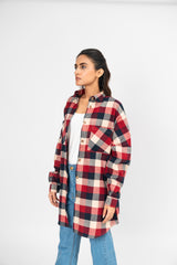Oversized Shirt with Drop Shoulder - Red Beige Check