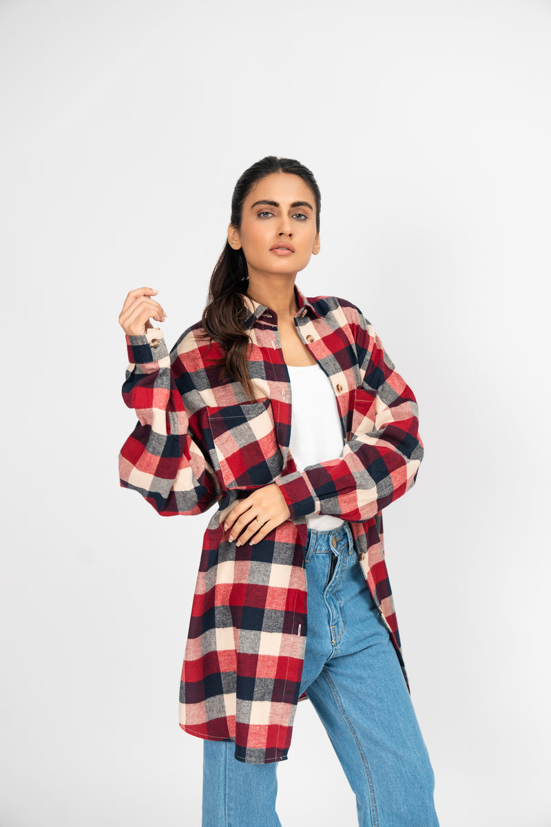 Oversized Shirt with Drop Shoulder - Red Beige Check