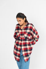 Oversized Shirt with Drop Shoulder - Red Beige Check
