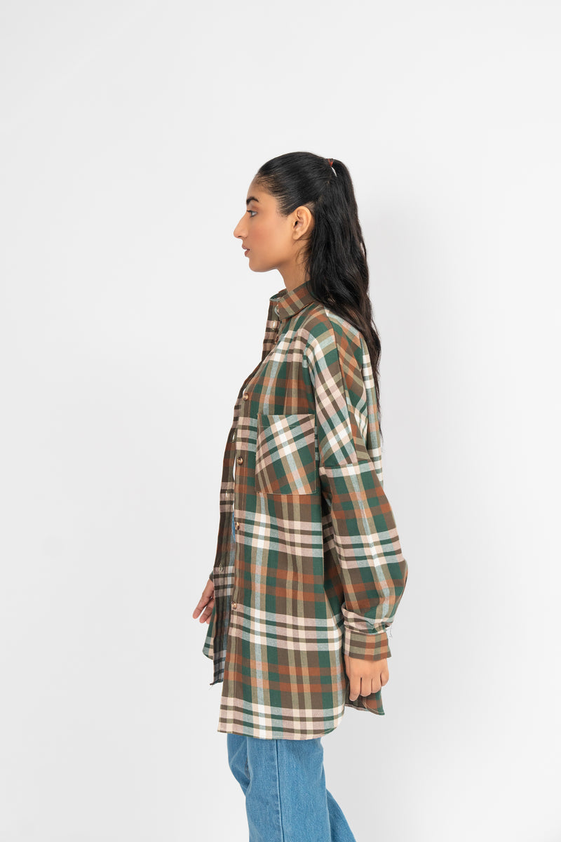 Oversized Shirt with Drop Shoulder - Green White Check
