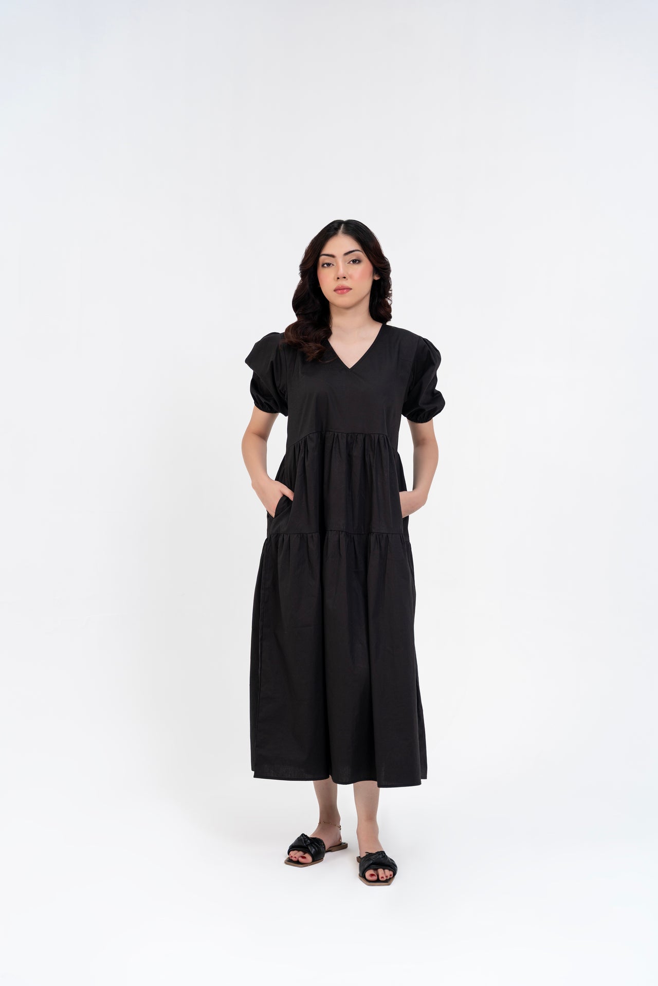 Cotton Puff Maxi Dress - Black
