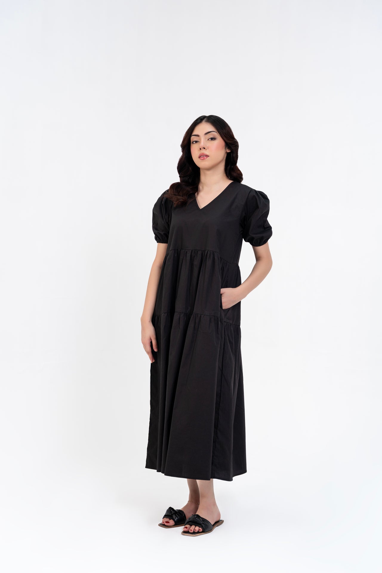 Cotton Puff Maxi Dress - Black