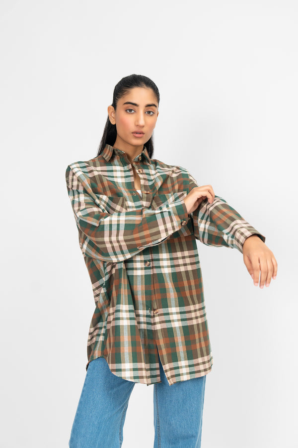 Oversized Shirt with Drop Shoulder - Green White Check