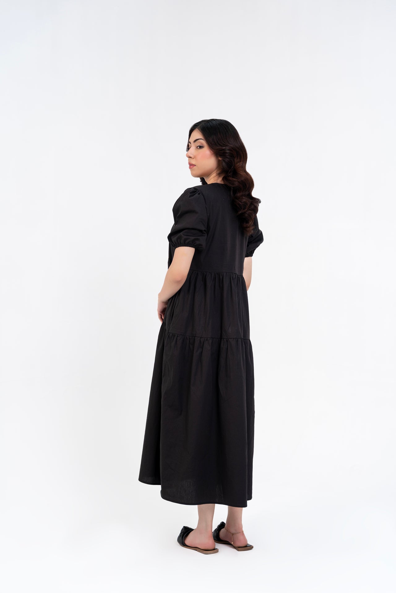 Cotton Puff Maxi Dress - Black