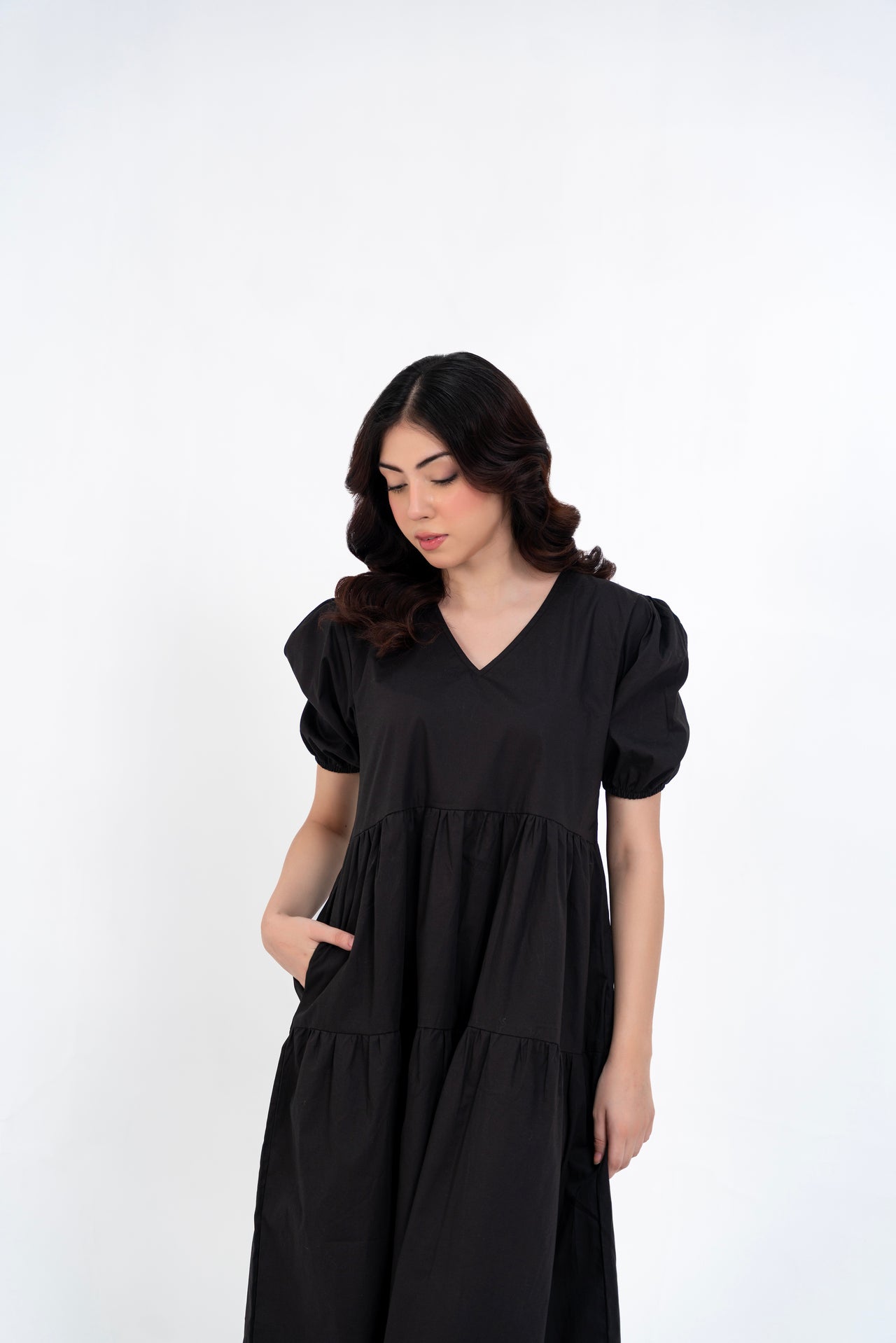 Cotton Puff Maxi Dress - Black