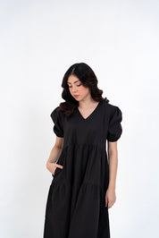 Cotton Puff Maxi Dress - Black