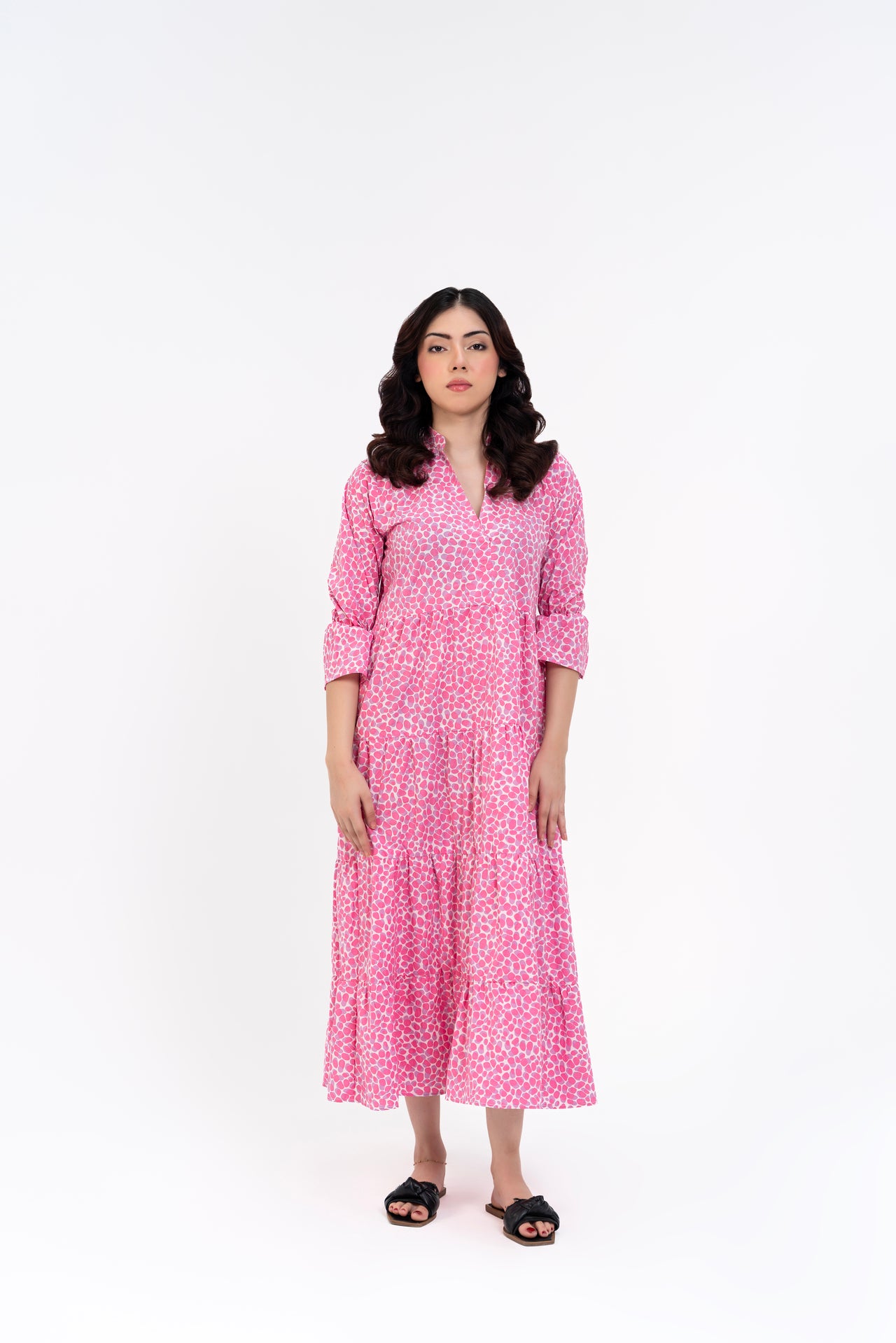 Mandarin Collared Maxi Dress - Pink White Printed