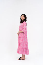 Mandarin Collared Maxi Dress - Pink White Printed
