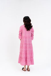 Mandarin Collared Maxi Dress - Pink White Printed