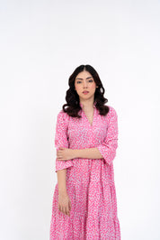 Mandarin Collared Maxi Dress - Pink White Printed