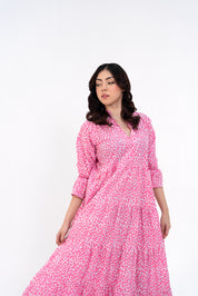 Mandarin Collared Maxi Dress - Pink White Printed