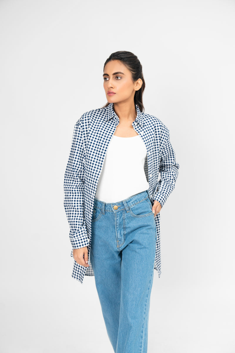 Oversized Flowy Shirt - Blue White Gingham Check