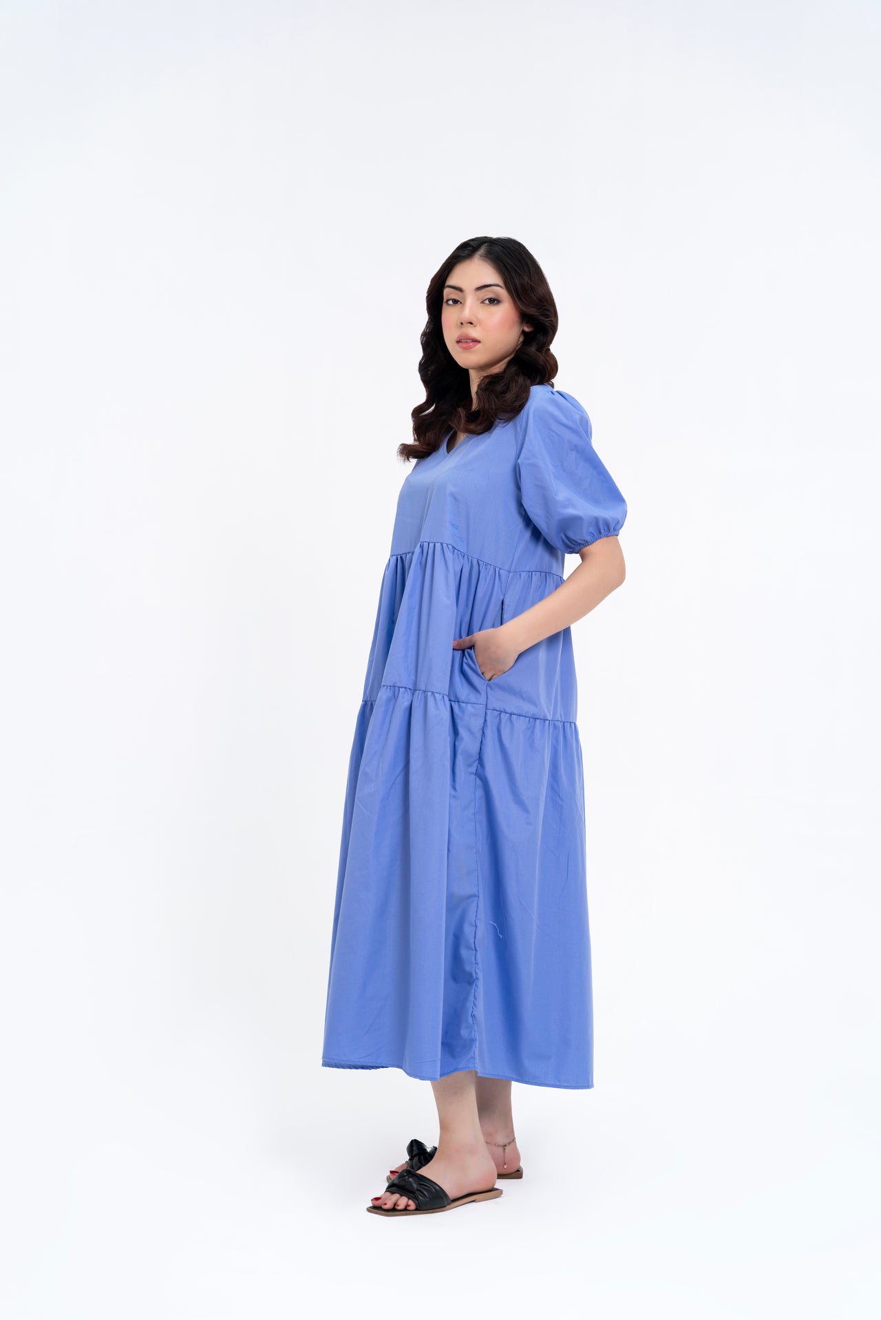 Cotton Puff Maxi Dress - Sky Blue