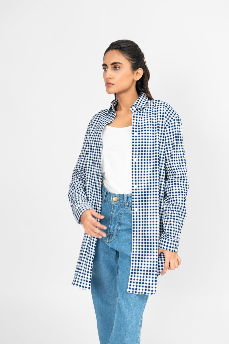 Oversized Flowy Shirt - Blue White Gingham Check