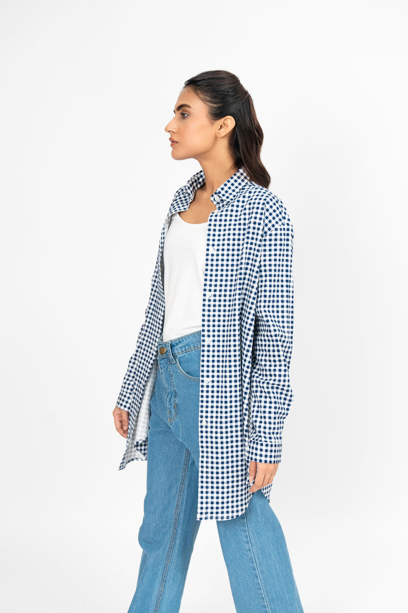 Oversized Flowy Shirt - Blue White Gingham Check