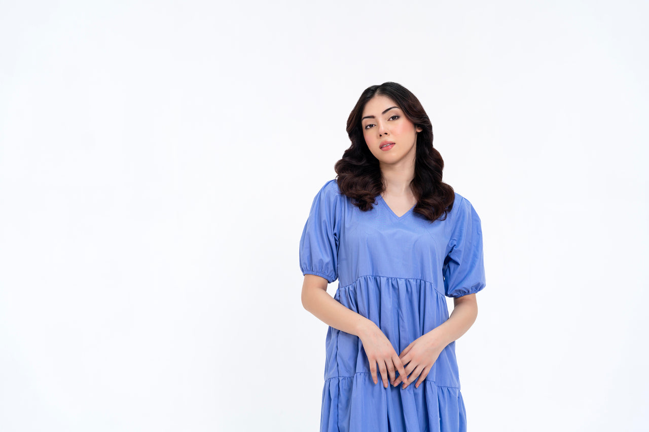 Cotton Puff Maxi Dress - Sky Blue
