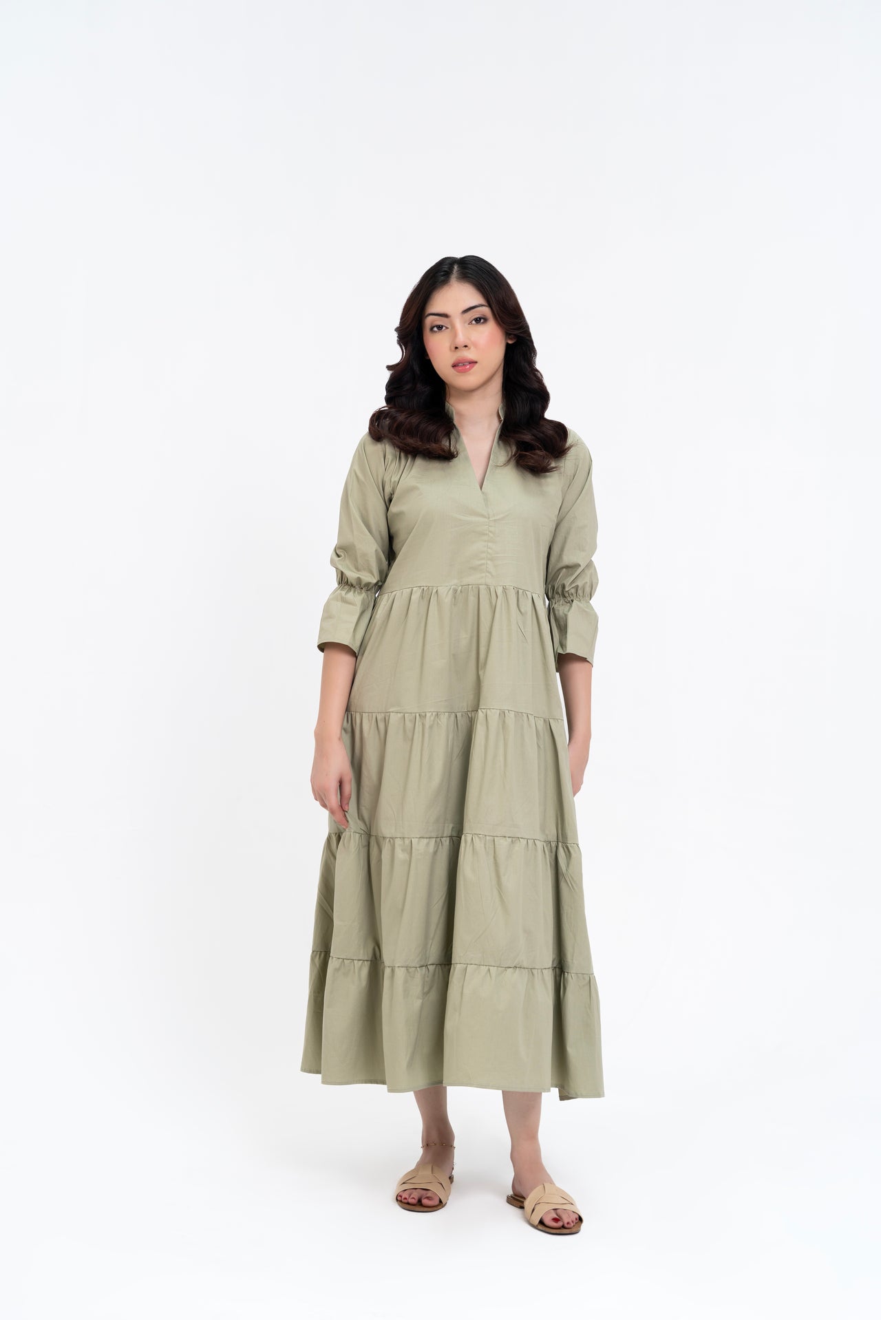Mandarin Collared Maxi Dress - Light Pistachio