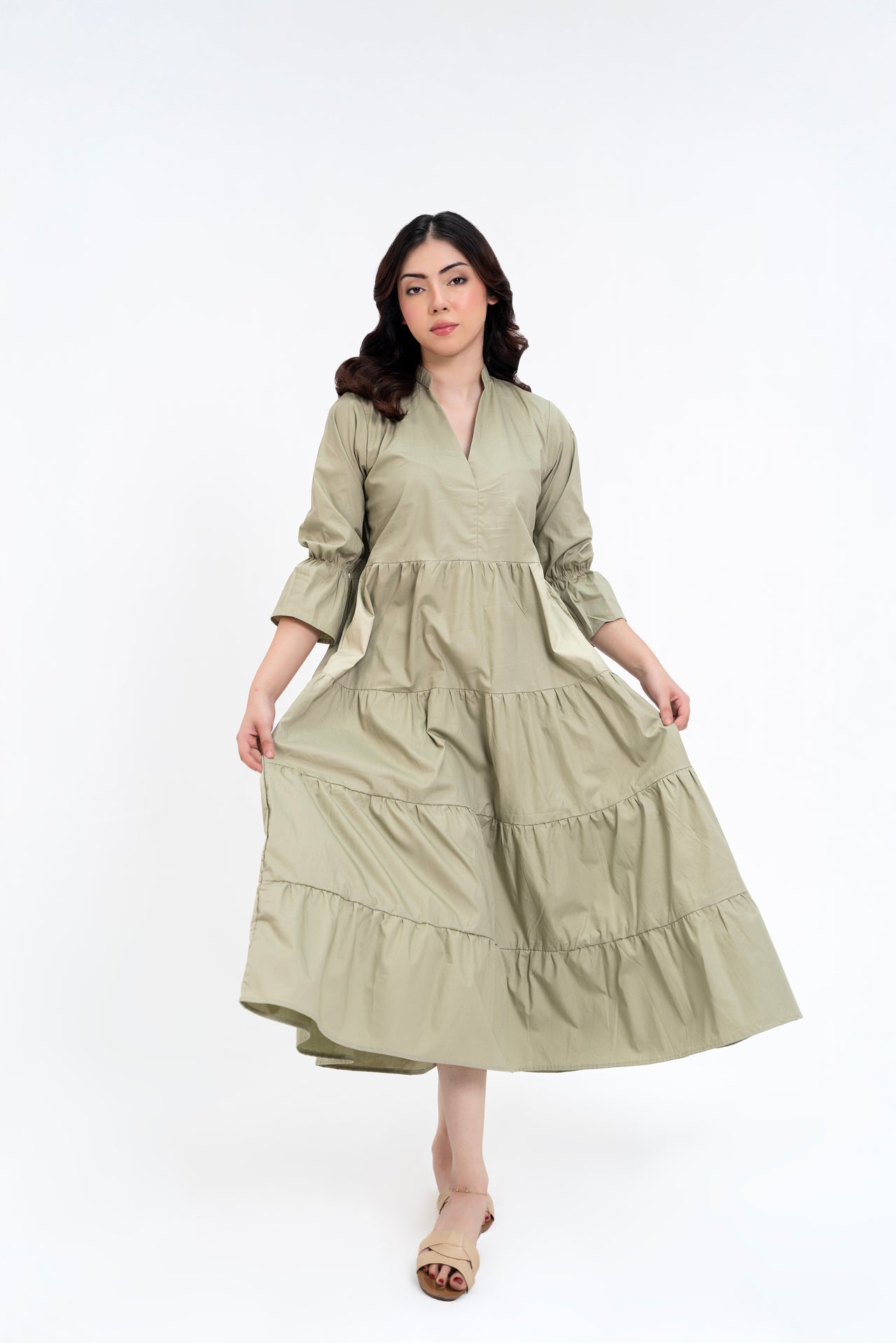 Mandarin Collared Maxi Dress - Light Pistachio