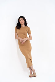 Short Sleeve Knit Dress - Camel Brown