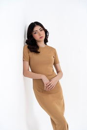 Short Sleeve Knit Dress - Camel Brown