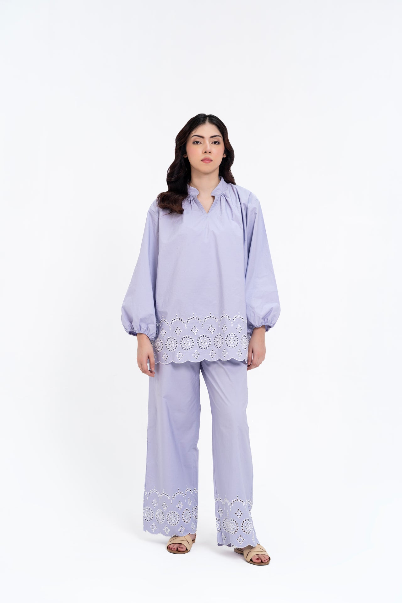 Mandarin Collared Puff Sleeve Cutwork Shirt - Lilac