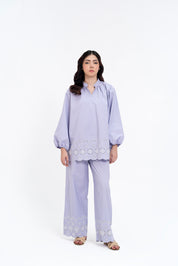 Mandarin Collared Puff Sleeve Cutwork Shirt - Lilac