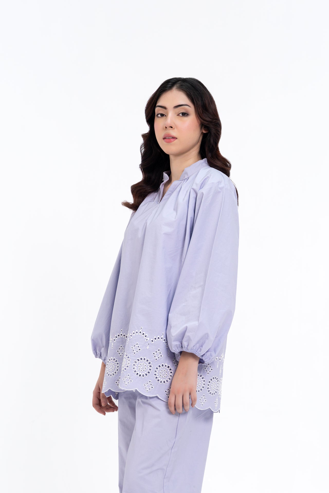 Mandarin Collared Puff Sleeve Cutwork Shirt - Lilac