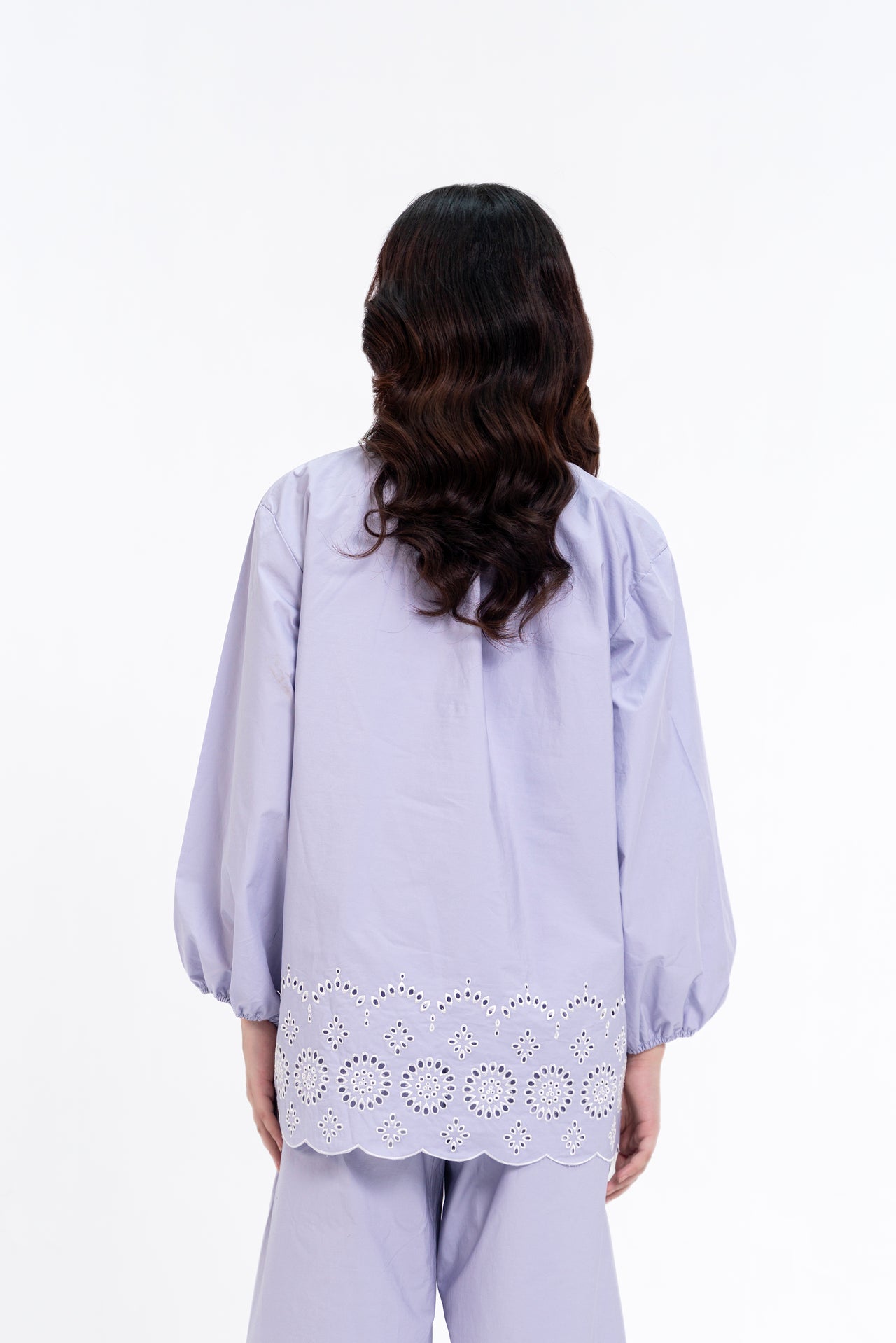 Mandarin Collared Puff Sleeve Cutwork Shirt - Lilac