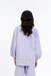 Mandarin Collared Puff Sleeve Cutwork Shirt - Lilac