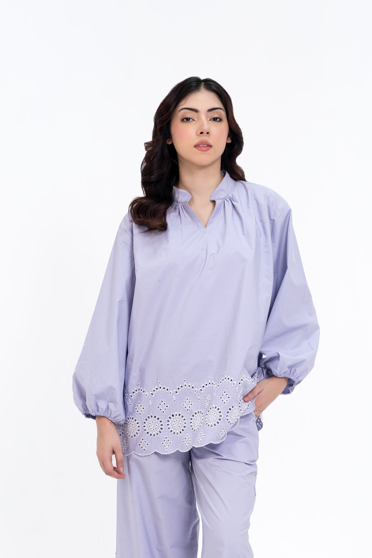 Mandarin Collared Puff Sleeve Cutwork Shirt - Lilac