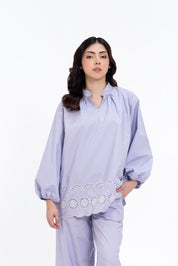 Mandarin Collared Puff Sleeve Cutwork Shirt - Lilac