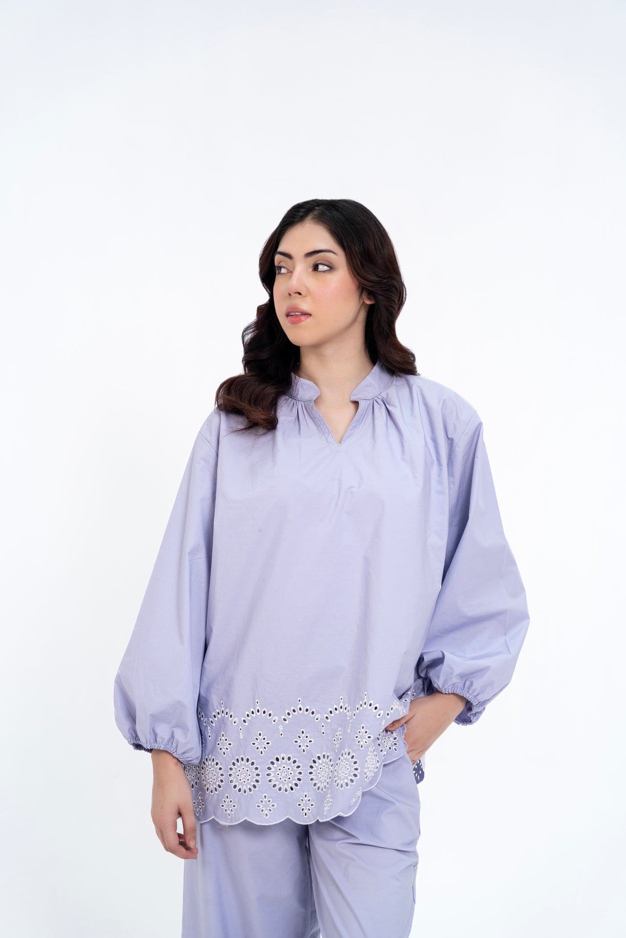 Mandarin Collared Puff Sleeve Cutwork Shirt - Lilac