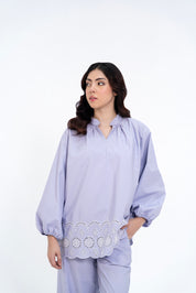 Mandarin Collared Puff Sleeve Cutwork Shirt - Lilac