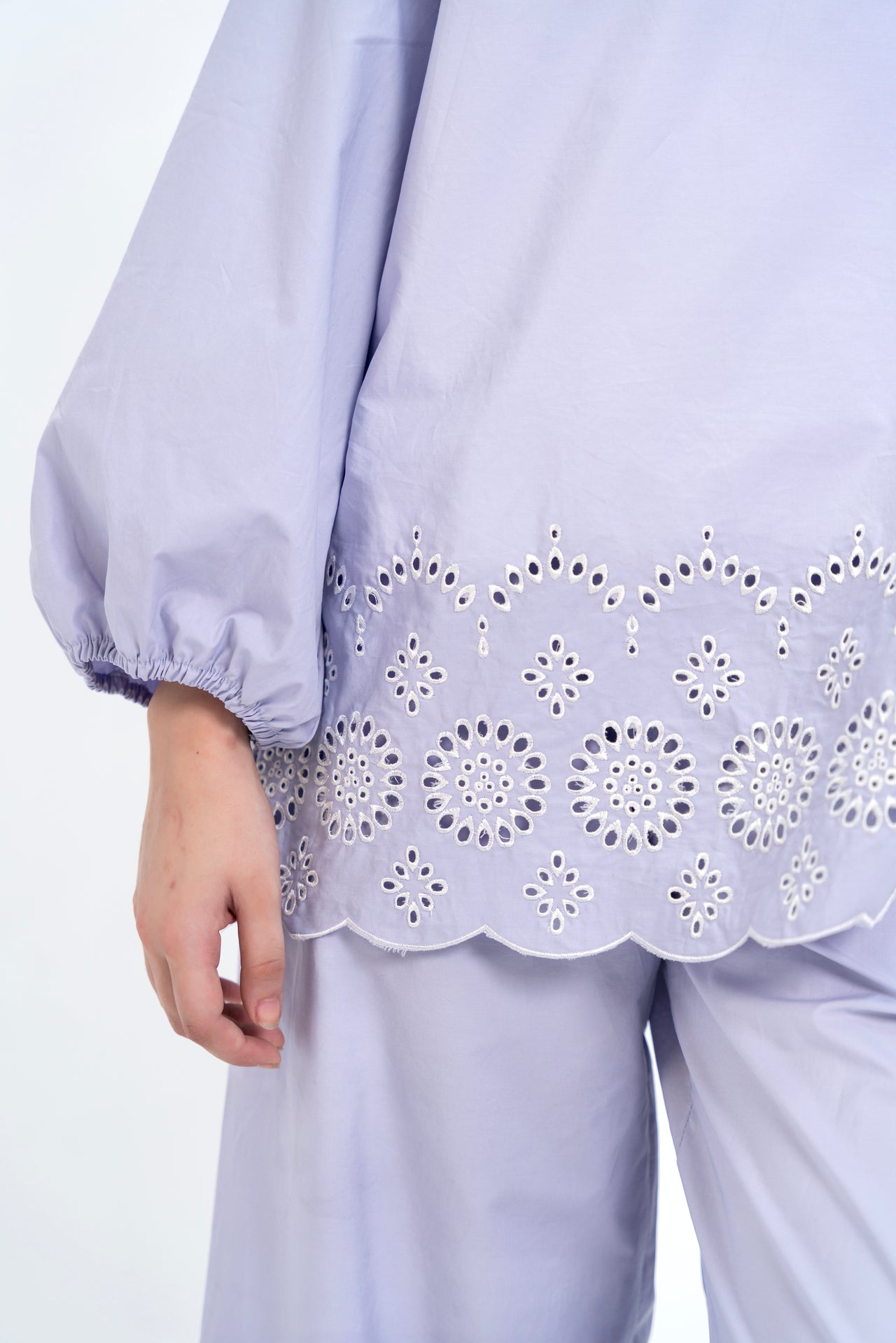 Mandarin Collared Puff Sleeve Cutwork Shirt - Lilac