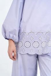 Mandarin Collared Puff Sleeve Cutwork Shirt - Lilac