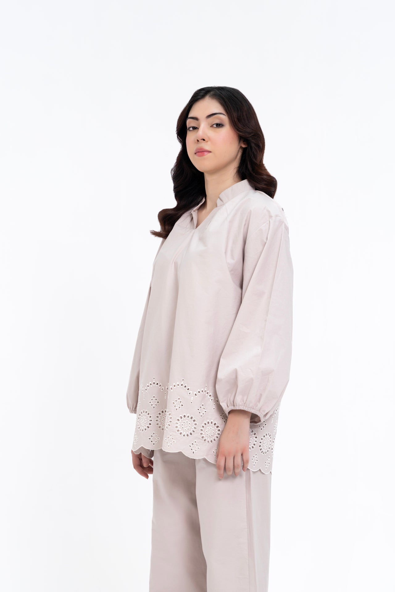 Mandarin Collared Puff Sleeve Cutwork Shirt - Stone