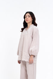 Mandarin Collared Puff Sleeve Cutwork Shirt - Stone